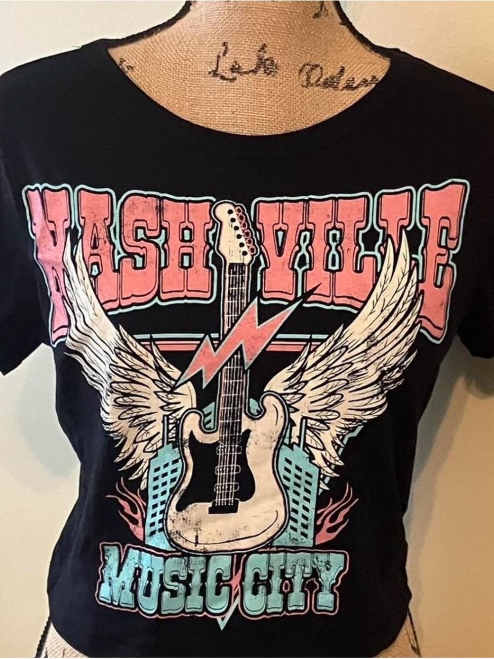 Fashion Nova Nashville Music Black Graphic Cropped Tee with Pink & Teal Accents